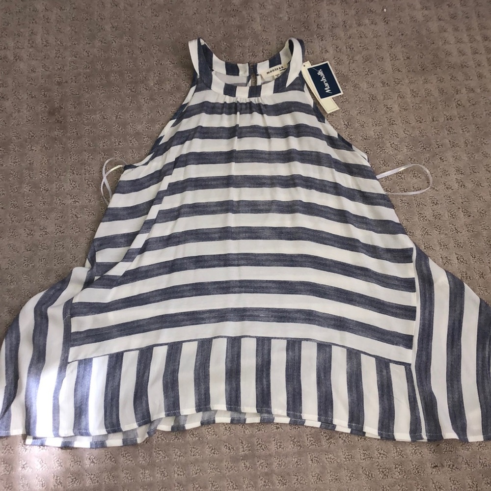 Blue and White Striped High Neckline Top